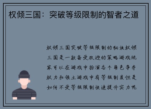 权倾三国：突破等级限制的智者之道