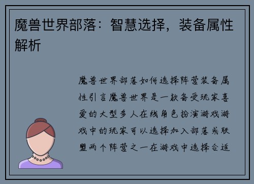 魔兽世界部落:智慧选择,装备属性解析
